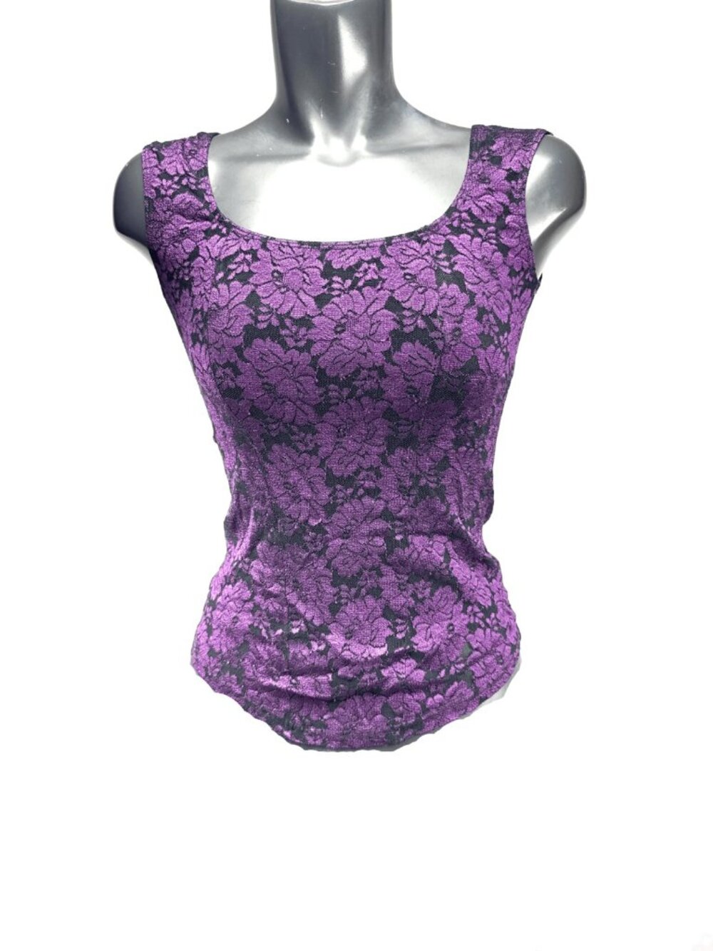 Whimsygoth VTG 90s Lace Purple Black Semi Sheer Knit Floral Corset Tank Top sz S